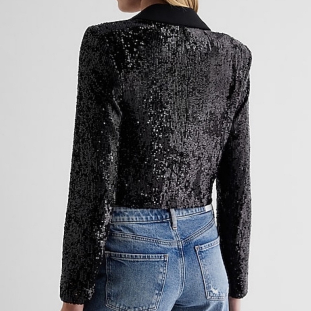 New Express Sequin Solid Lapel Cropped Black Blaz… - image 2